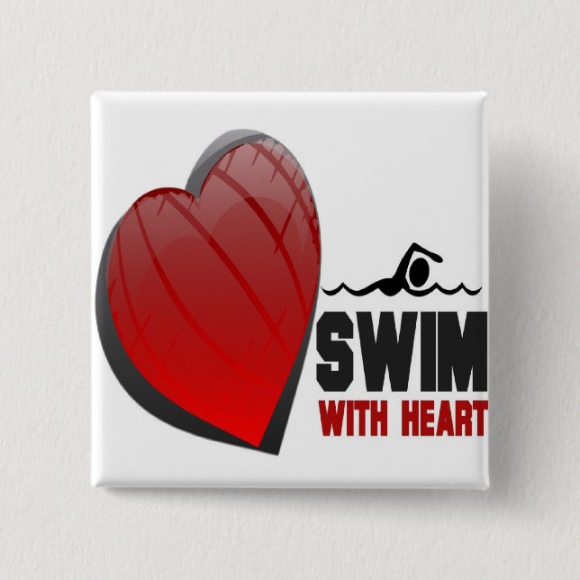 SWIM WITH HEART 2 INCH SQUARE BUTTON (Front)