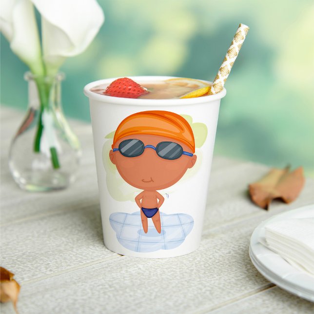 Swimmer Boy in Goggles and Swim Cap Paper Cups (Creator Uploaded)