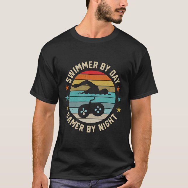 Swimmer By Day Gamer By Night Swimming Swim Lover  T-Shirt (Front)