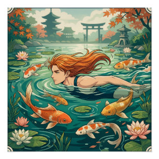 Swimmer In Koi Pond Poster