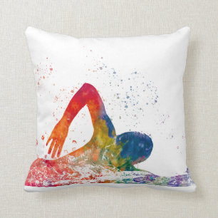 swimmer in watercolor throw pillow