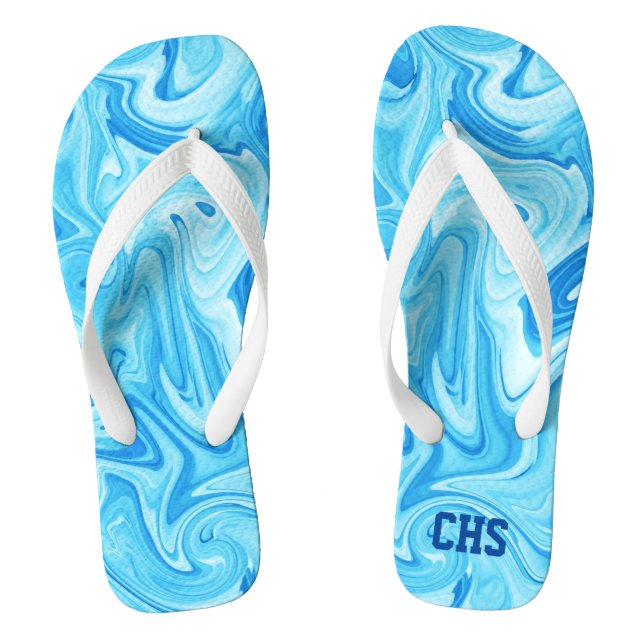 Swimmer Water Art Blue INITIALS Swimming Team Fun  Flip Flops (Footbed)