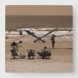 Swimmers on Beach epia-tinted Photograph Square Wall Clock
