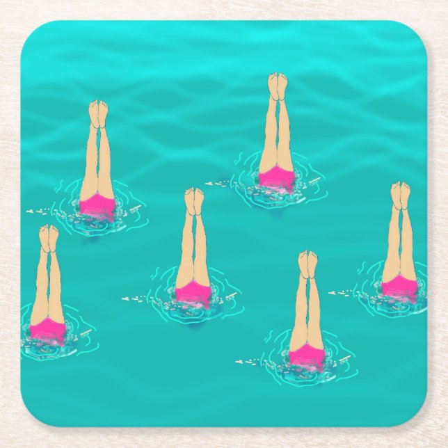 Swimmers Synchro Swimming Under Water  Square Paper Coaster (Front)
