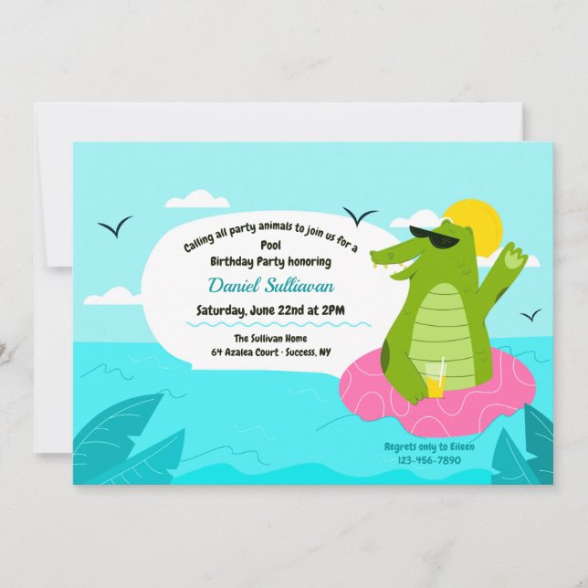Swimming Alligator Birthday Party Invitation (Front)