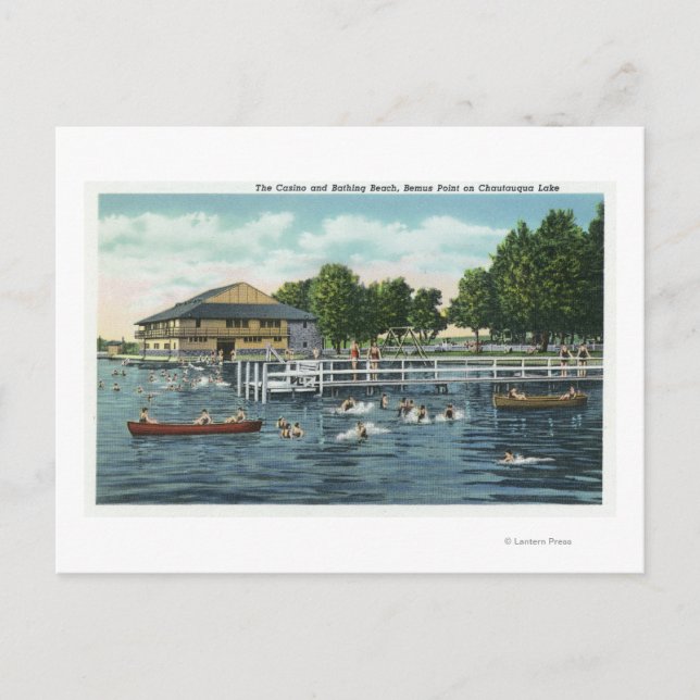 Swimming at Bemus Point Beach and Casino Postcard (Front)