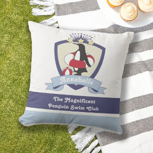 Swimming Club Crest Cute Cartoon Penguin Kids Outdoor Pillow