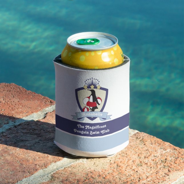 Swimming Club Crest Cute Penguin Kids Name Can Cooler (In Situ Pool)