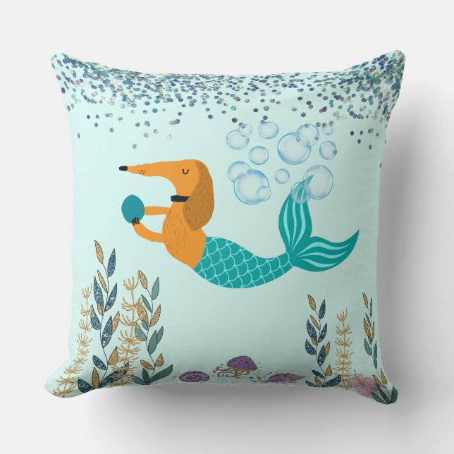 Swimming Dachshund Mermaid Throw Pillow (Front)