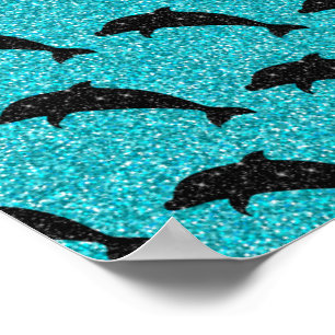 Swimming Dolphin Black Glitter Ocean Animals Poster