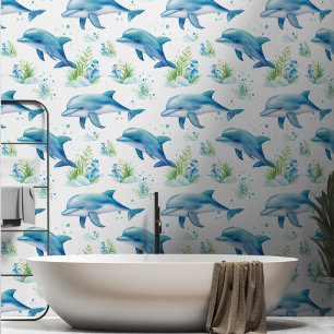Swimming dolphins blue green on white Wallpaper