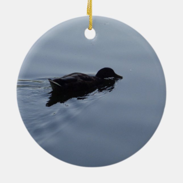 Swimming Duck in Lake, Nature Bird Wildlife Blue Ceramic Ornament (Back)