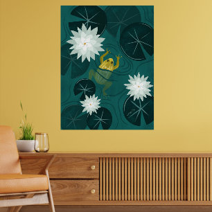 Swimming Frog in Water Lily Pond by Night - Poster