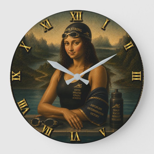 Swimming Funny Mona Lisa Swimmer Gift for Pool Large Clock (Front)
