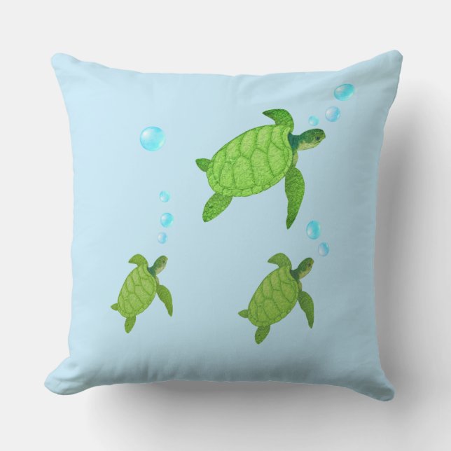 Swimming green sea turtles on turquoise throw pillow (Front)