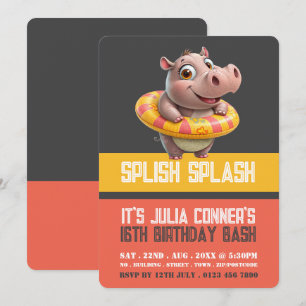 Swimming Hippo, Pool Party Birthday  Invitation