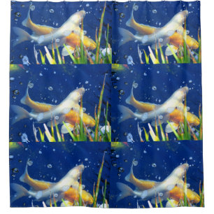 swimming koi on blue