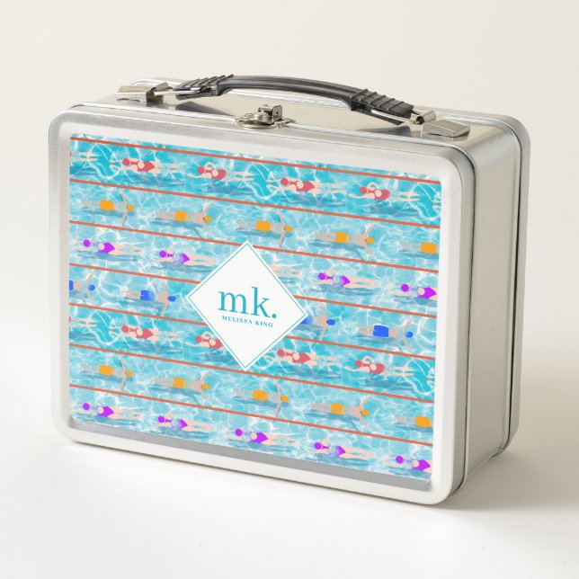 Swimming Laps Pool Swim Team Pattern Monogram Metal Lunch Box (Front)