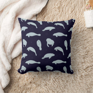 Swimming Manatees Cute Cartoon Throw Pillow