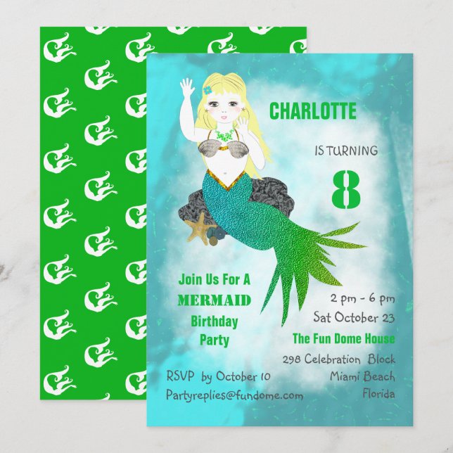 Swimming Mermaid Cute Girly Birthday Party Invite (Front/Back)