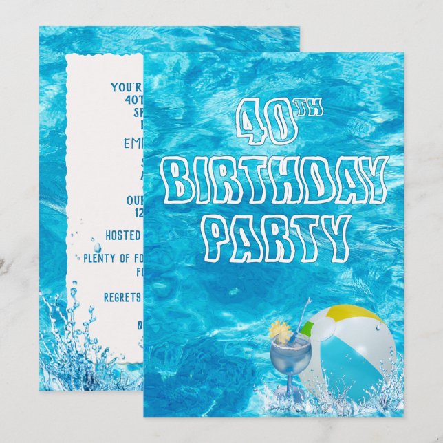 Swimming Pool 40th Birthday Party Invite (Front/Back)