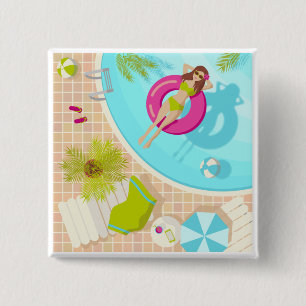 Swimming pool girl in bikini summer beach 2 inch square button