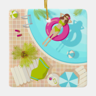 Swimming pool girl in bikini summer beach ceramic ornament