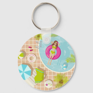 Swimming pool girl in bikini summer beach keychain
