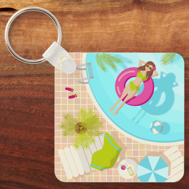Swimming pool girl in bikini summer beach  keychain (Front)