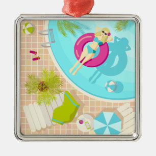 Swimming pool girl in bikini summer beach  metal ornament