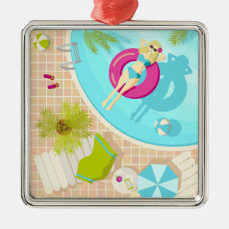 Swimming pool girl in bikini summer beach  metal ornament