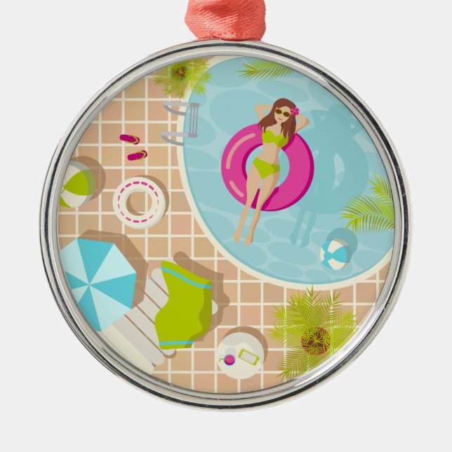 Swimming pool girl in bikini summer beach  metal ornament (Front)
