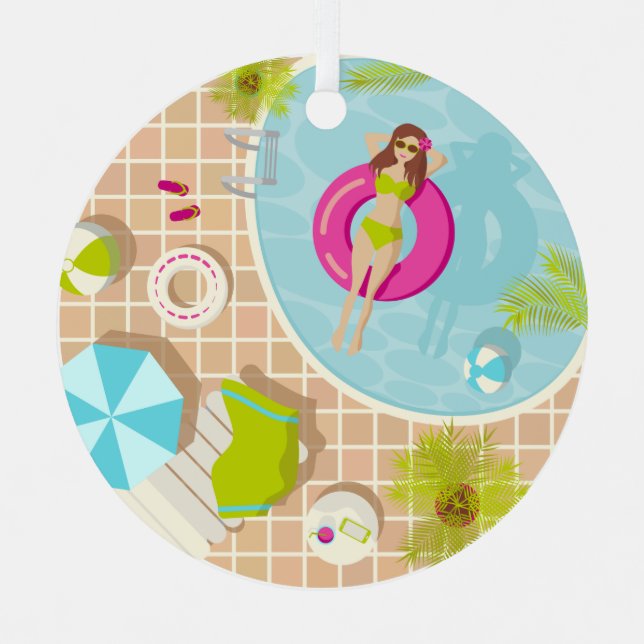 Swimming pool girl in bikini summer beach metal ornament (Front)