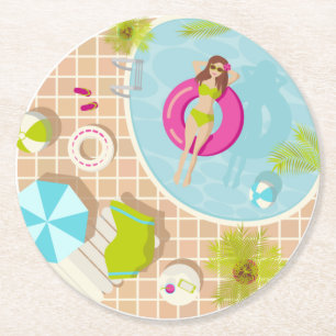 Swimming pool girl in bikini summer beach round paper coaster