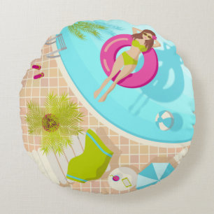 Swimming pool girl in bikini summer beach  round pillow