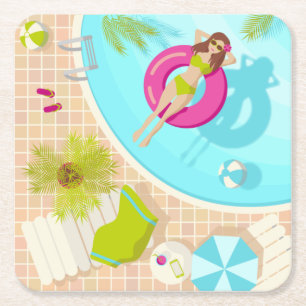 Swimming pool girl in bikini summer beach square paper coaster