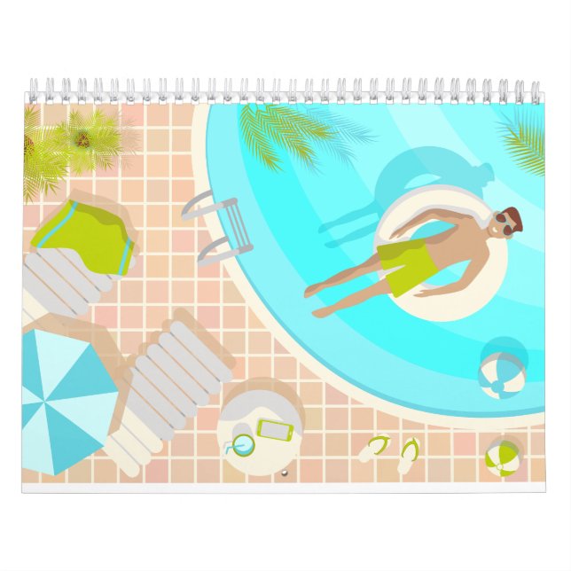 Swimming pool guy on tropical summer beach vacay calendar (Cover)