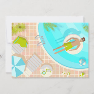 Swimming pool guy on tropical summer beach vacay invitation