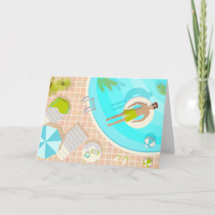 Swimming pool guy on tropical summer beach vacay invitation