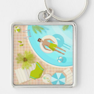 Swimming pool guy on tropical summer beach vacay keychain