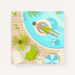 Swimming pool guy on tropical summer beach vacay notebook