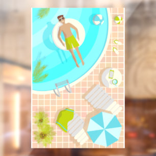 Swimming pool guy on tropical summer beach vacay window cling