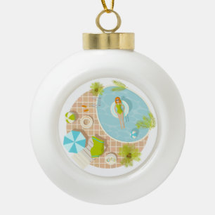 Swimming pool party girl in bikini summer beach ceramic ball christmas ornament