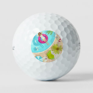 Swimming pool party girl in bikini summer beach  golf balls
