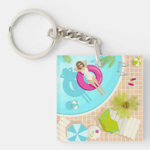 Swimming pool party girl in bikini summer beach keychain