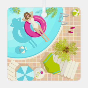 Swimming pool party girl in bikini summer beach  metal ornament