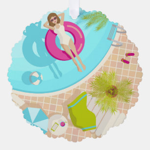 Swimming pool party girl in bikini summer beach ornament card