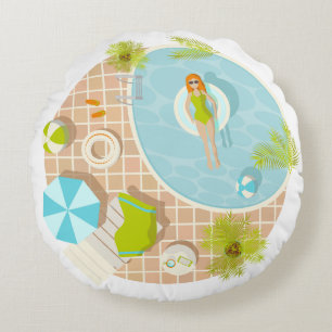 Swimming pool party girl in bikini summer beach  round pillow