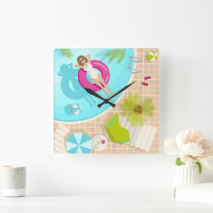 Swimming pool party girl in bikini summer beach  square wall clock