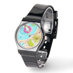 Swimming pool party girl in bikini summer beach  watch